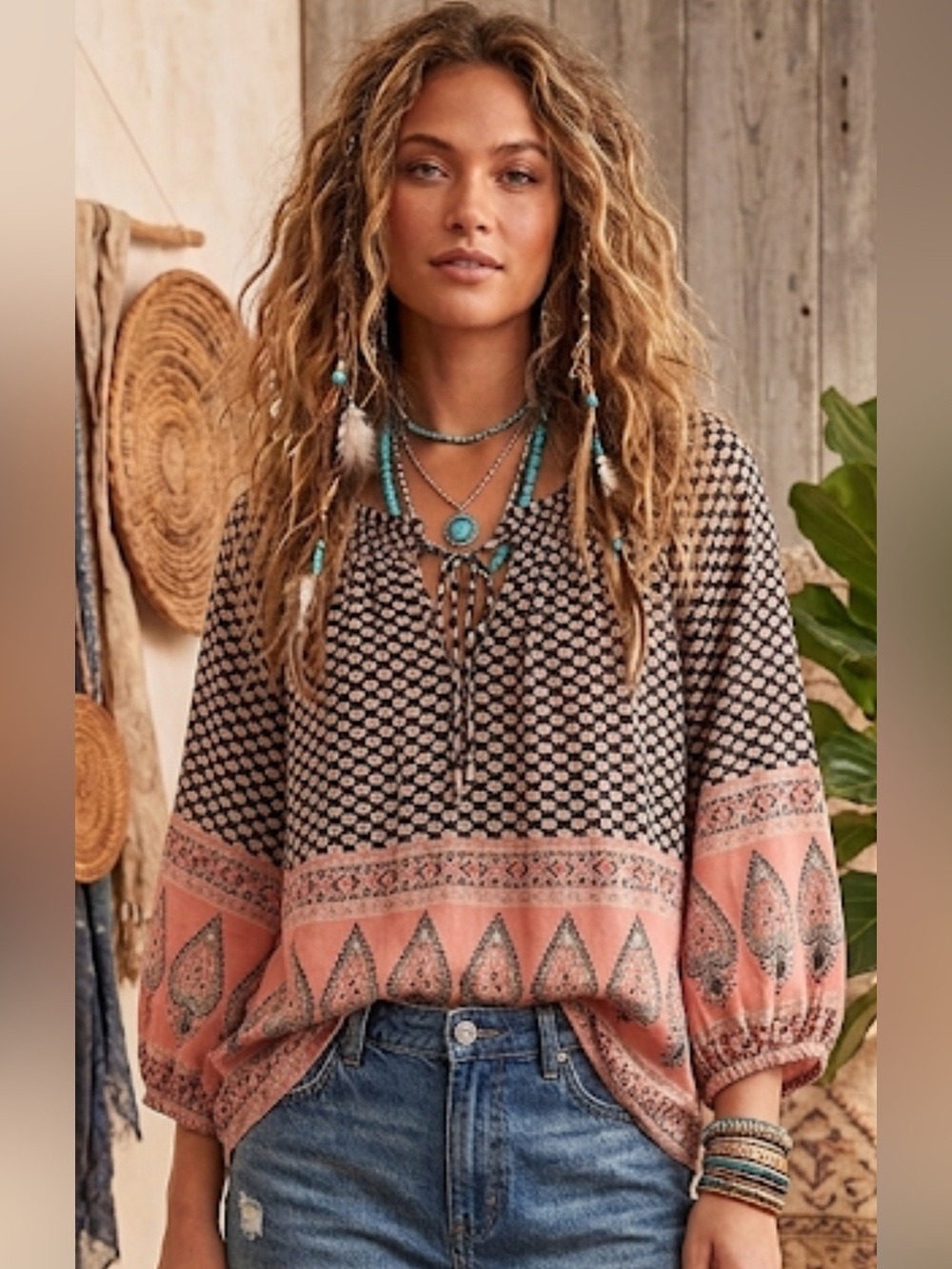 Boho Peasant Blouse in Black and Peach